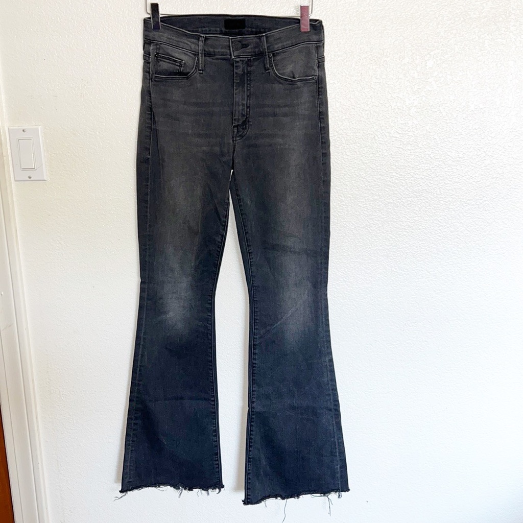 Mother The Weekender Fray Lighting Up Lanterns Off Black Mid Rise Raw Hem Jeans
